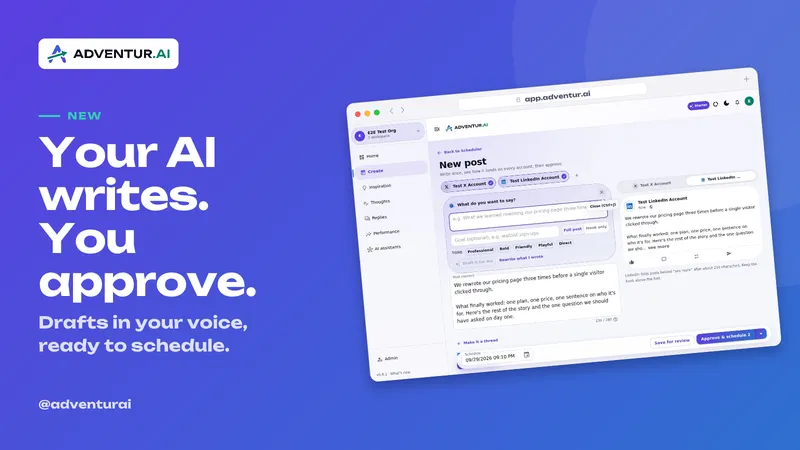 The same screenshot in a tilted browser window on a branded background with a headline